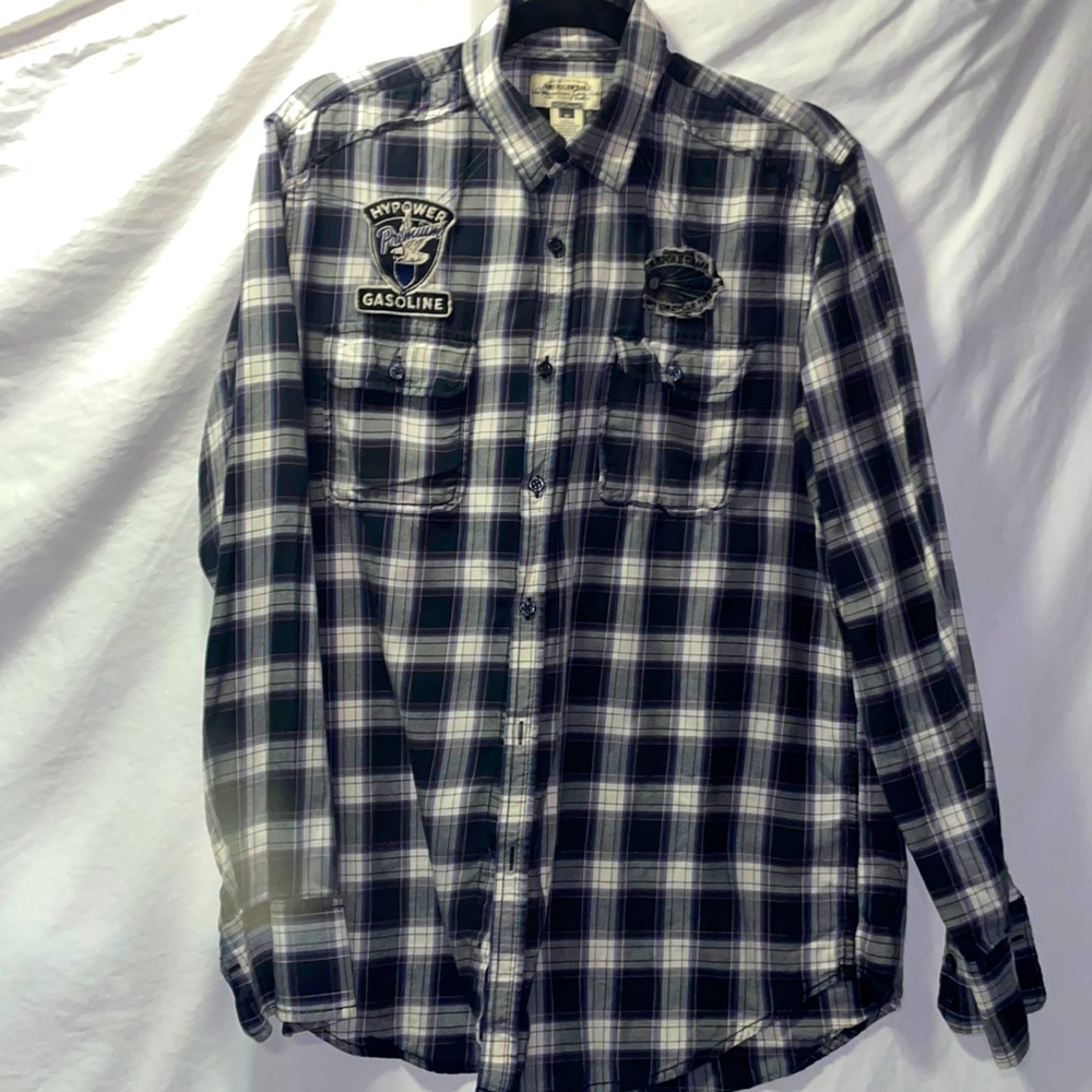 American rag button down plaid with patches
